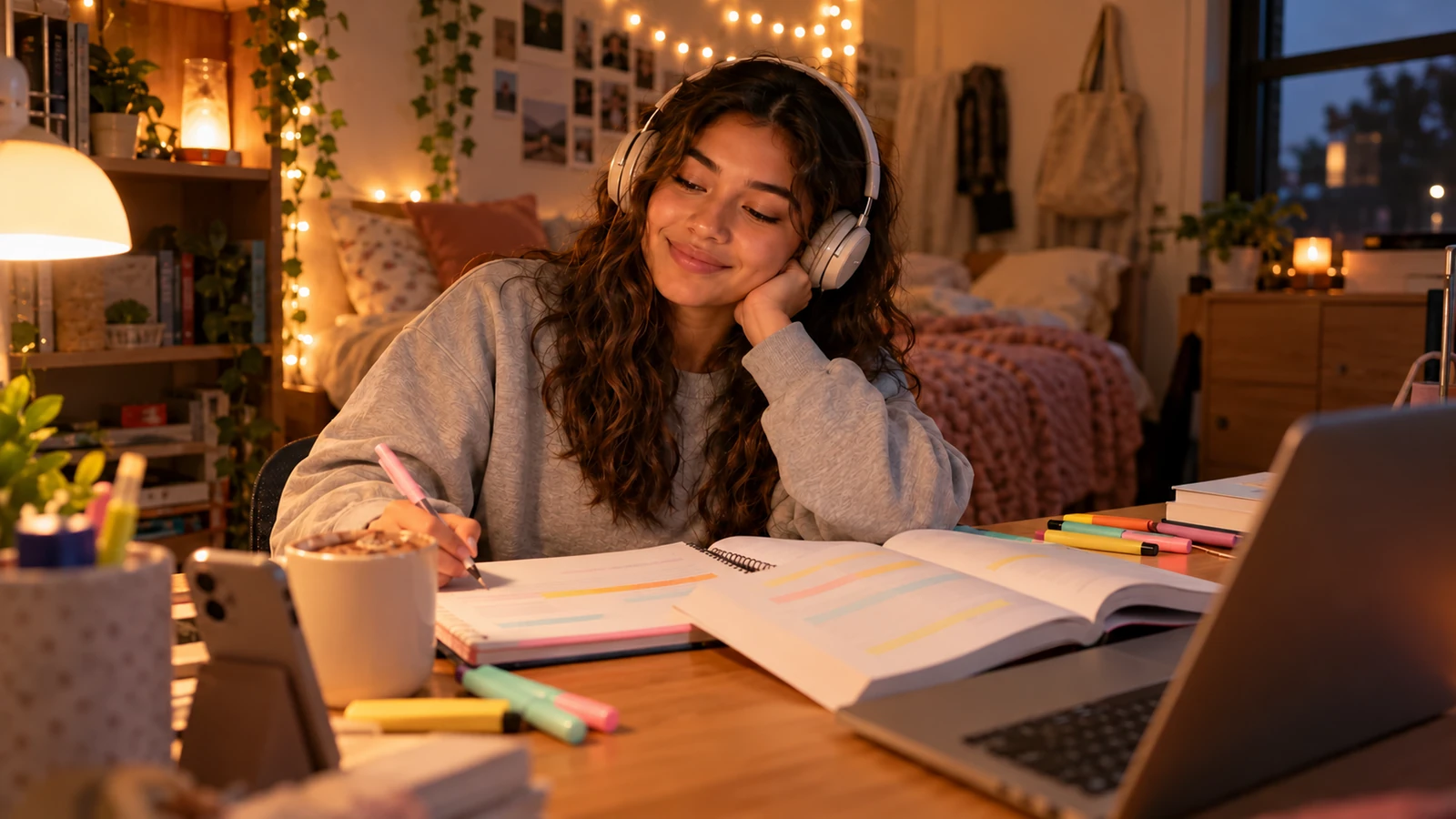 Universitária de fones ouvindo música enquanto estuda no quarto do alojamento