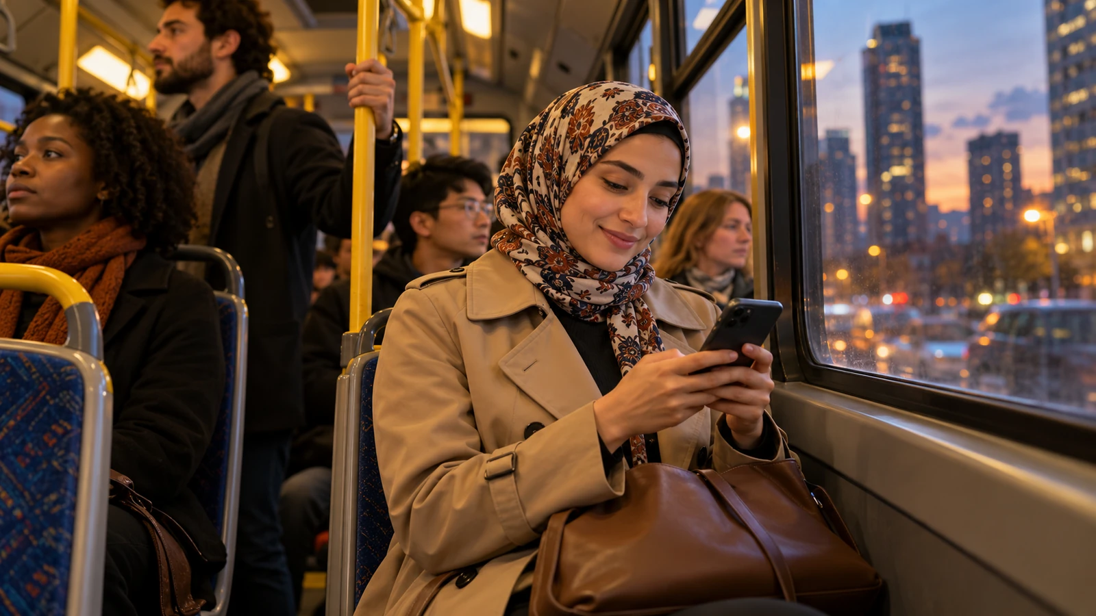 Woman finishing a short survey on her phone during her bus ride home