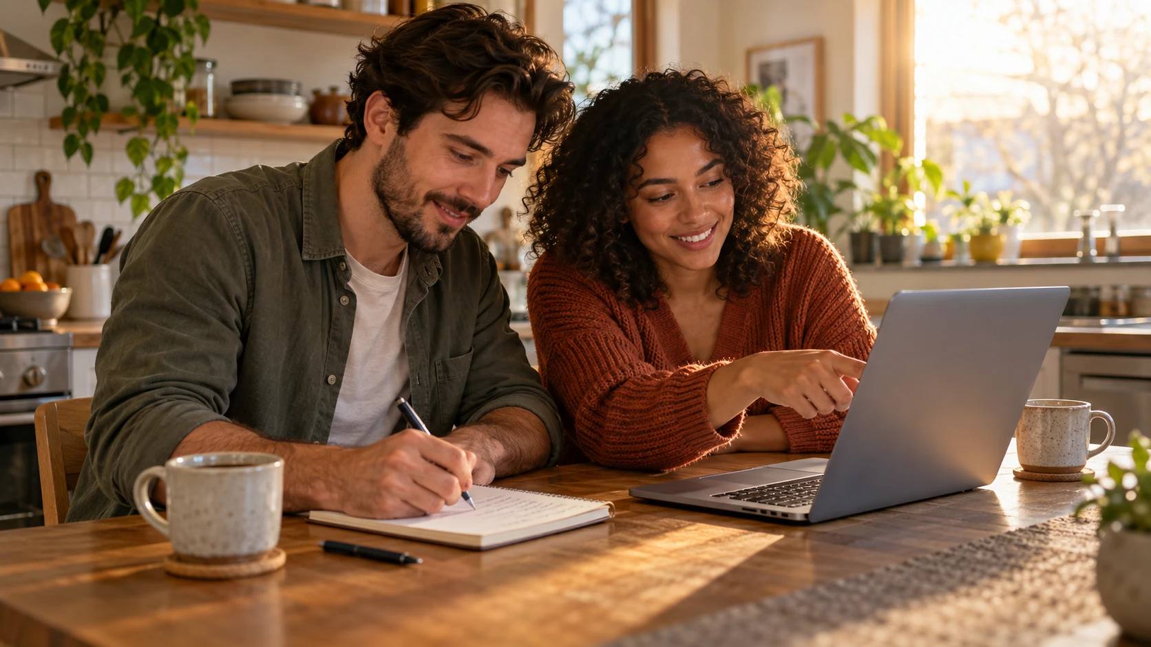 Couple at a kitchen table writing a shopping list in a notebook while checking prices on a laptop