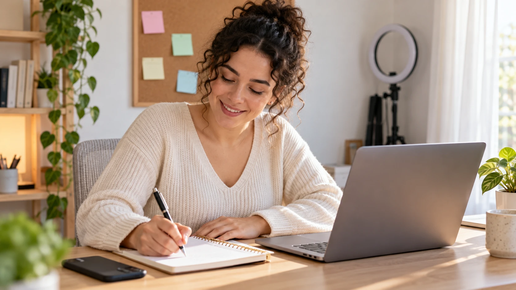 Criadora sorrindo enquanto anota os ganhos do mês em um caderno ao lado do notebook