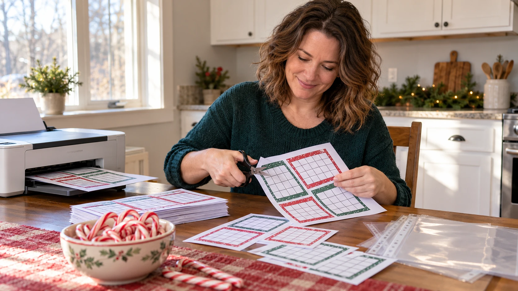 Woman at a kitchen table cutting a stack of printed bingo cards with scissors next to a bowl of candy