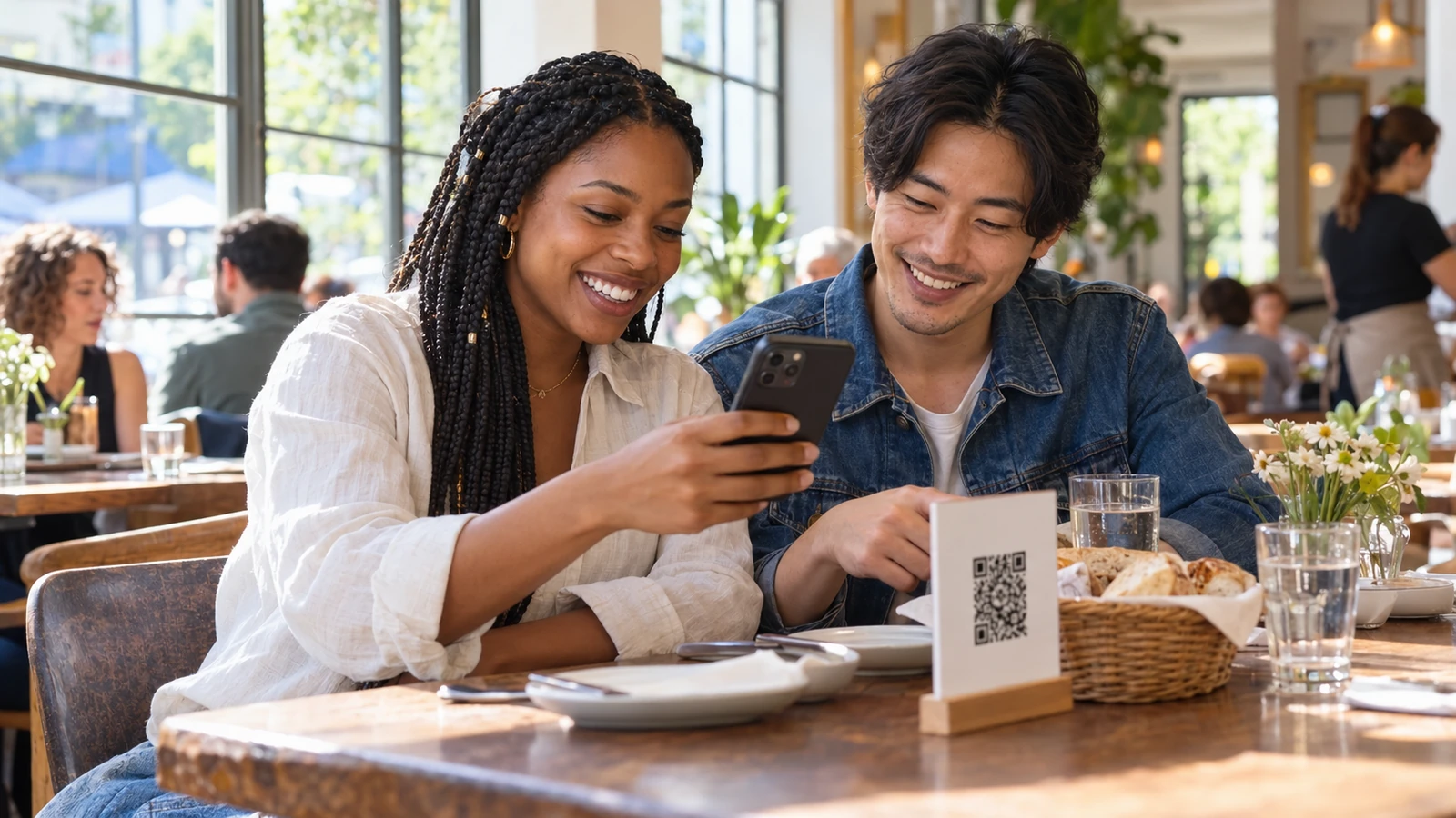Two friends scanning a table code to open the menu at a bistro