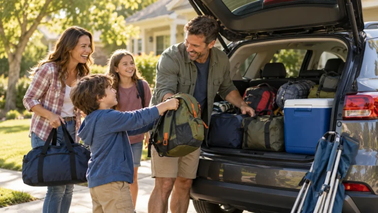 Family laughing as they load bags into the trunk of their car at the start of a long weekend