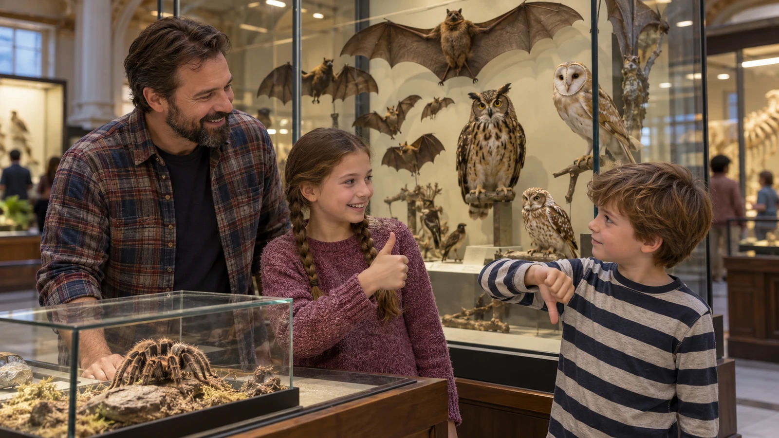 Pai e dois filhos brincam de verdadeiro ou falso diante de uma vitrine de animais no museu