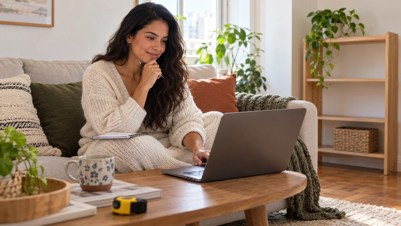 Woman on her couch filling an online shopping cart with a handwritten list on her knee