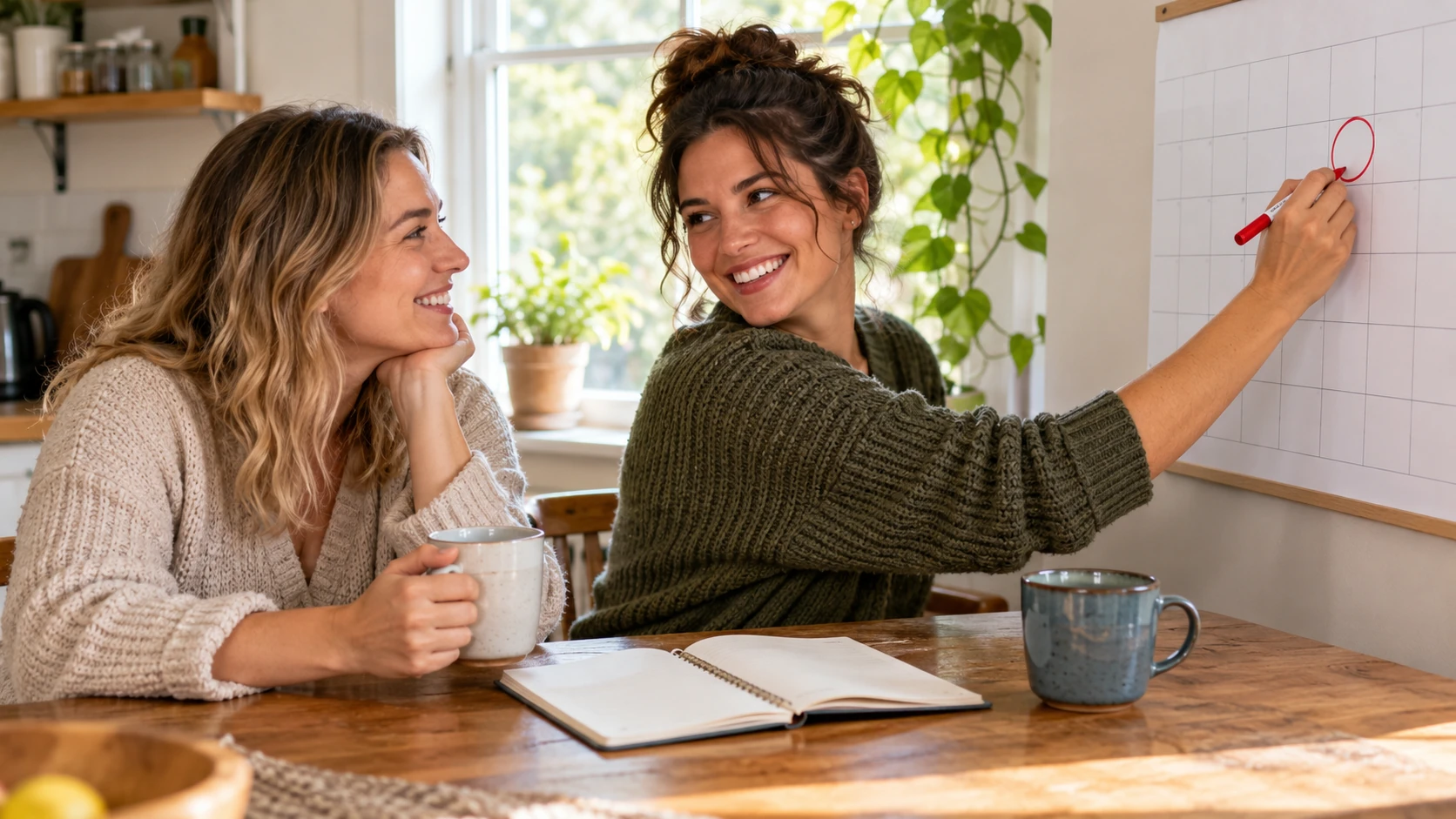 Two friends at a kitchen table smiling as they mark long weekends on a paper wall calendar
