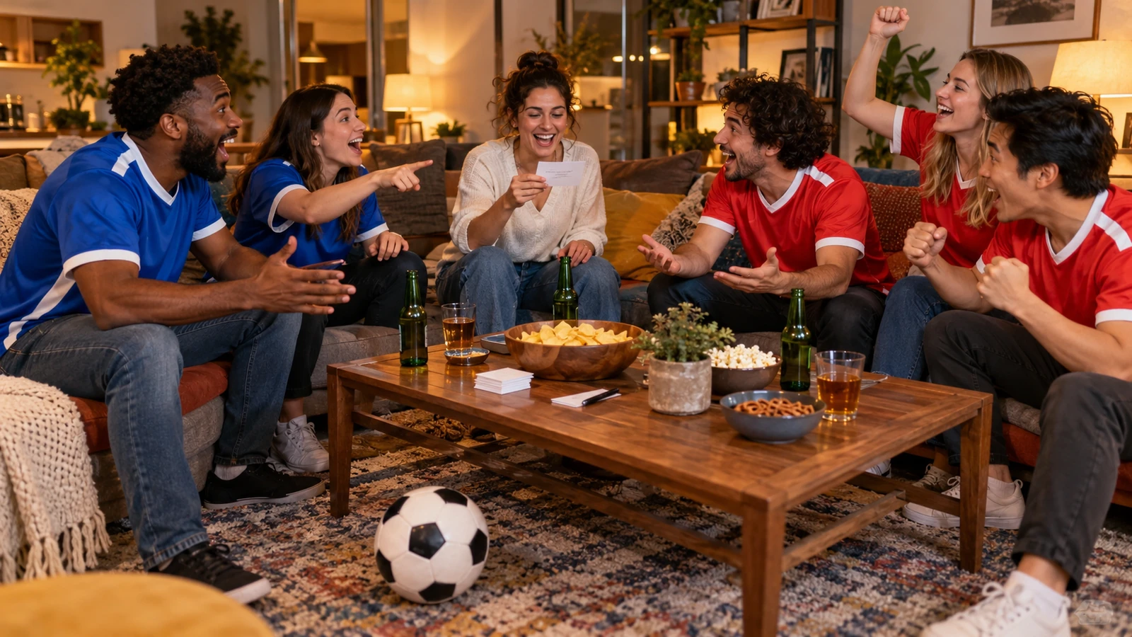 Amigos em dois times gritando respostas num quiz de futebol numa festa