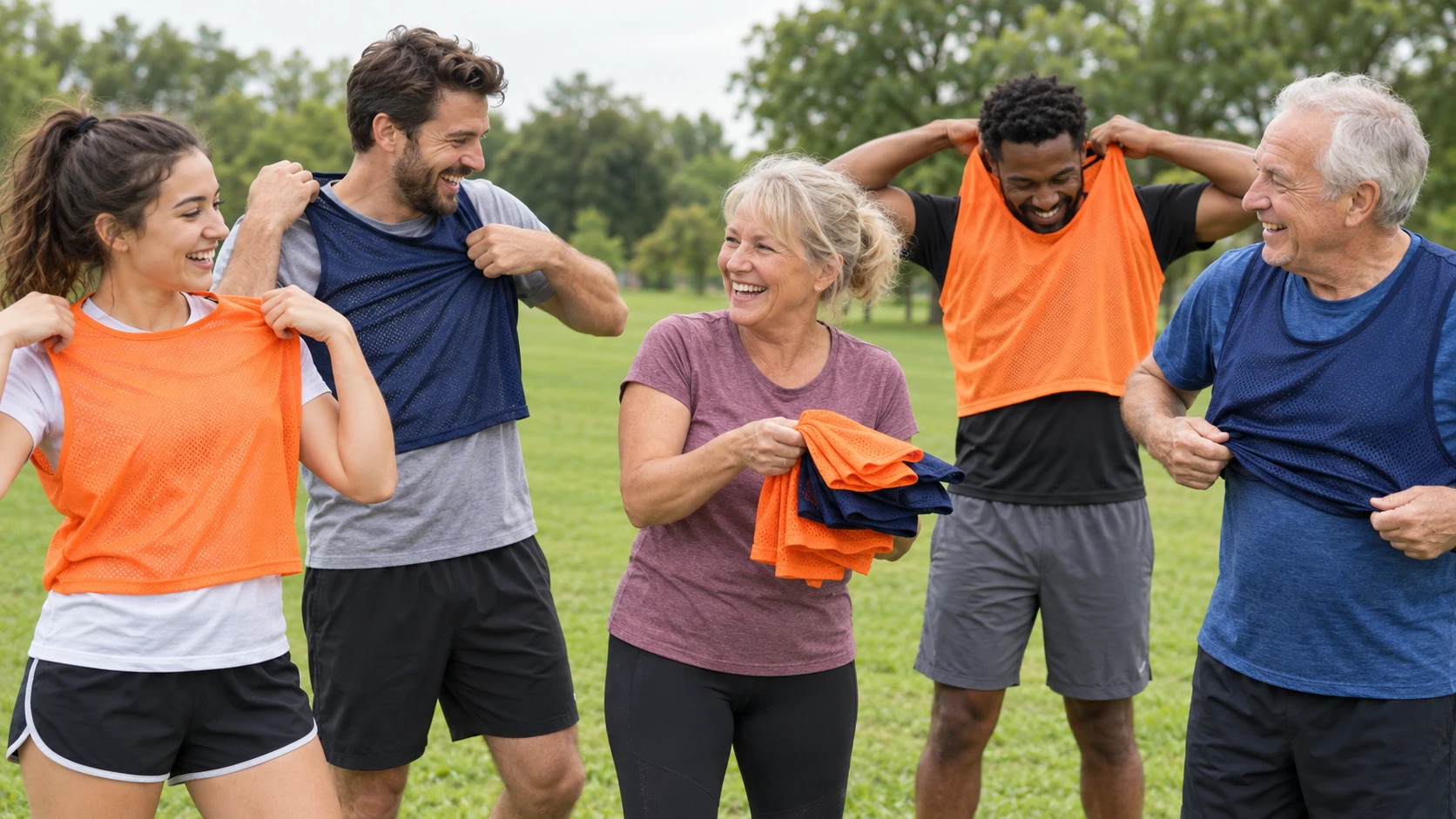 Friends of different ages pulling on orange and navy training bibs and laughing on a grassy field after the teams are drawn