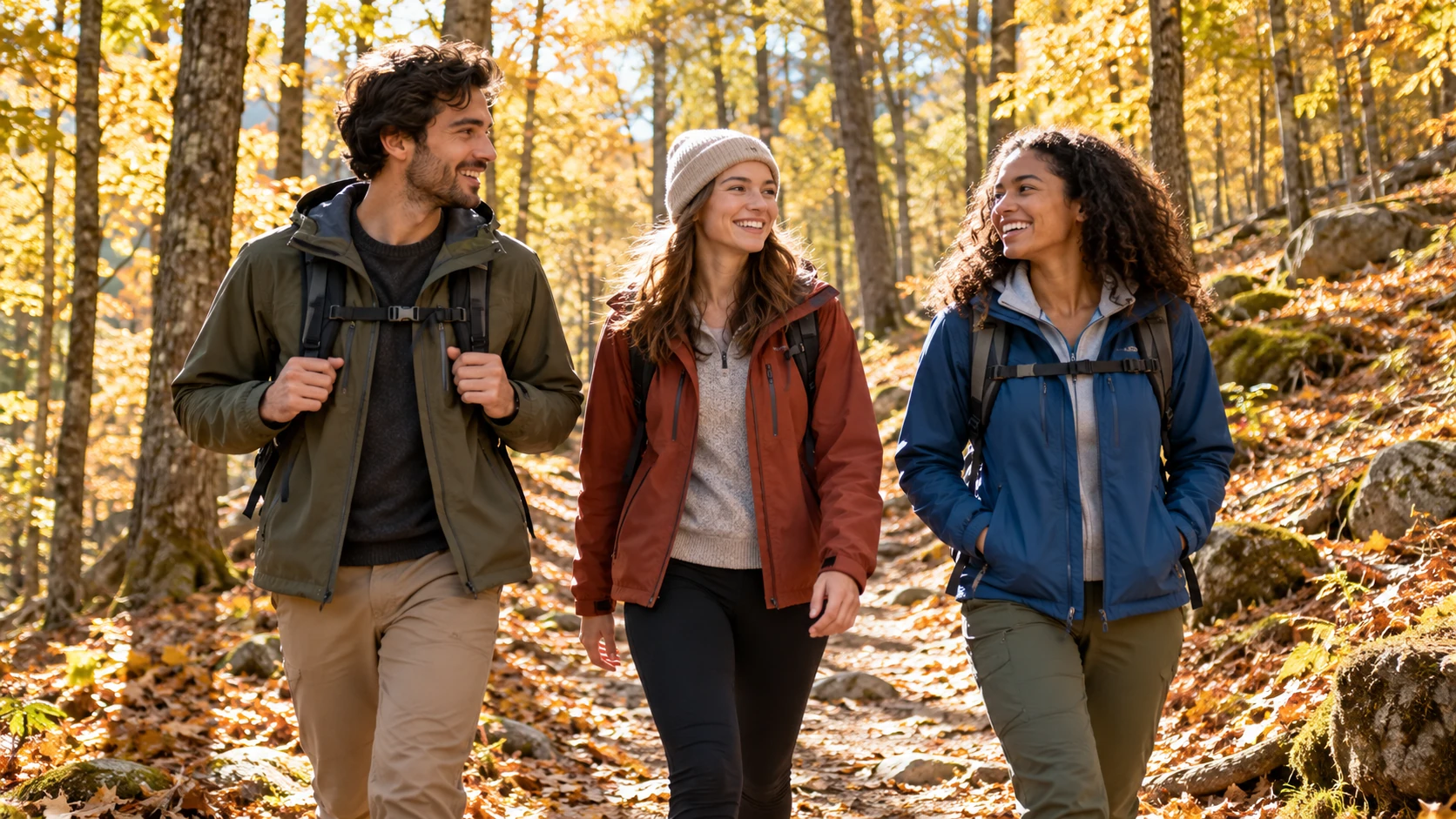 Three friends smiling on a forest hiking trail during a long weekend away