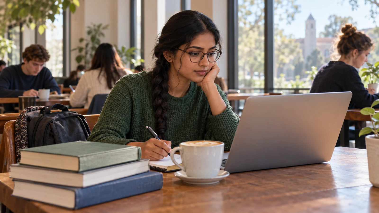 Estudiante de posgrado respondiendo una encuesta de investigación en su portátil en un café