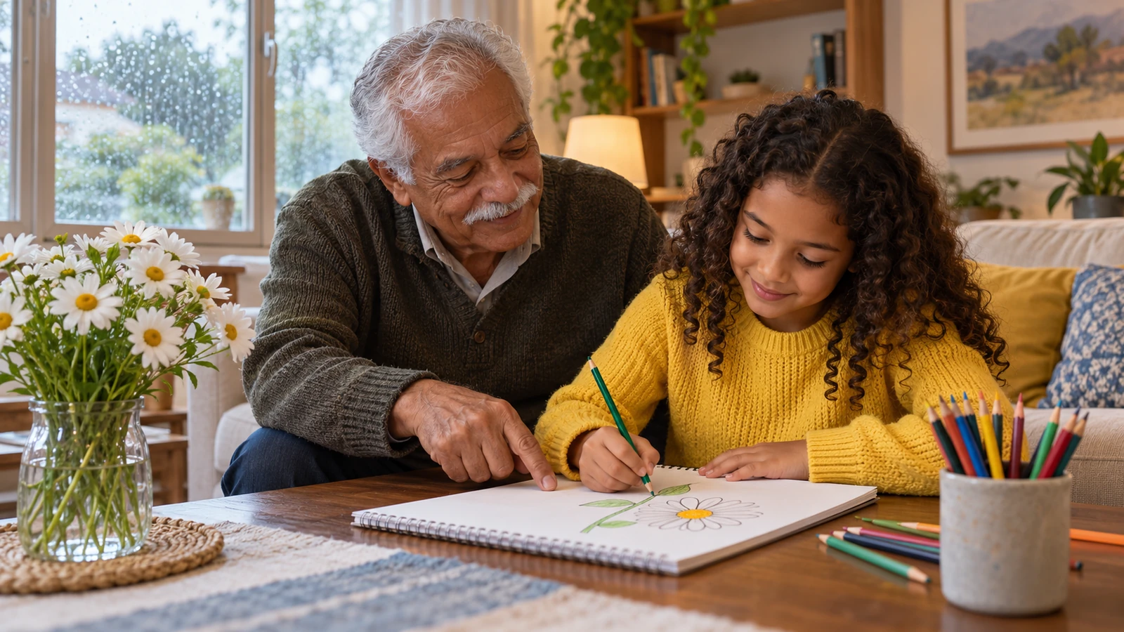 Grandfather showing his granddaughter where to draw the second leaf on her flower