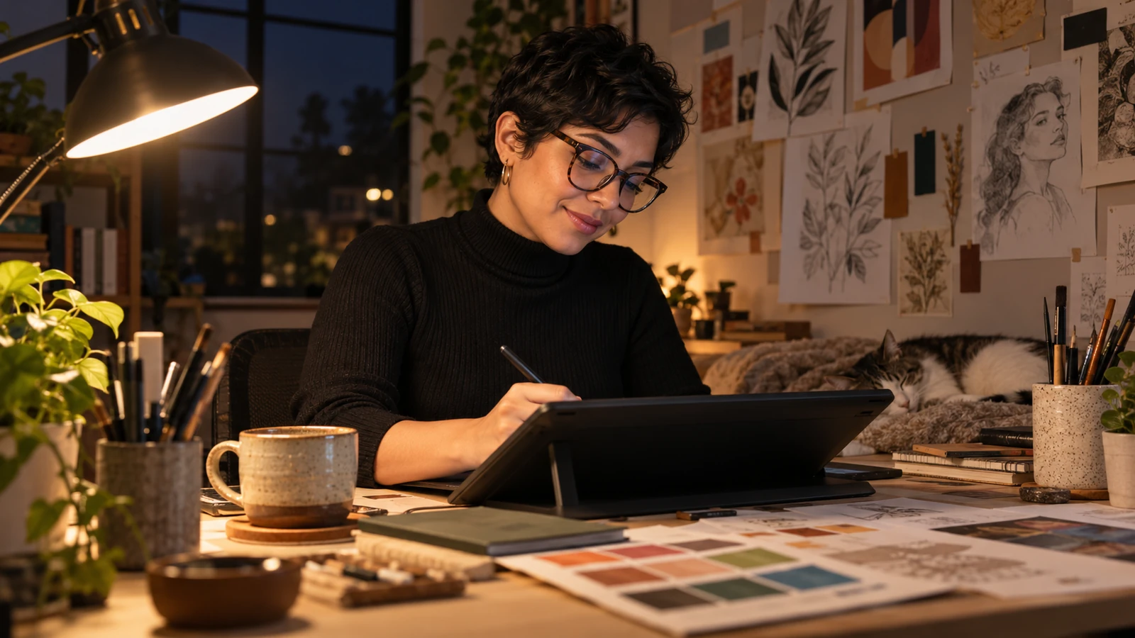 Graphic designer sketching on a pen tablet in a quiet home studio at night