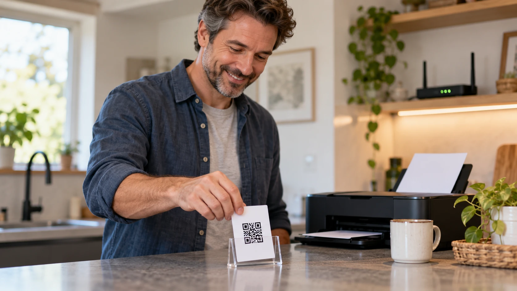 Smiling host sliding a freshly printed Wi-Fi card into a small stand on a kitchen counter
