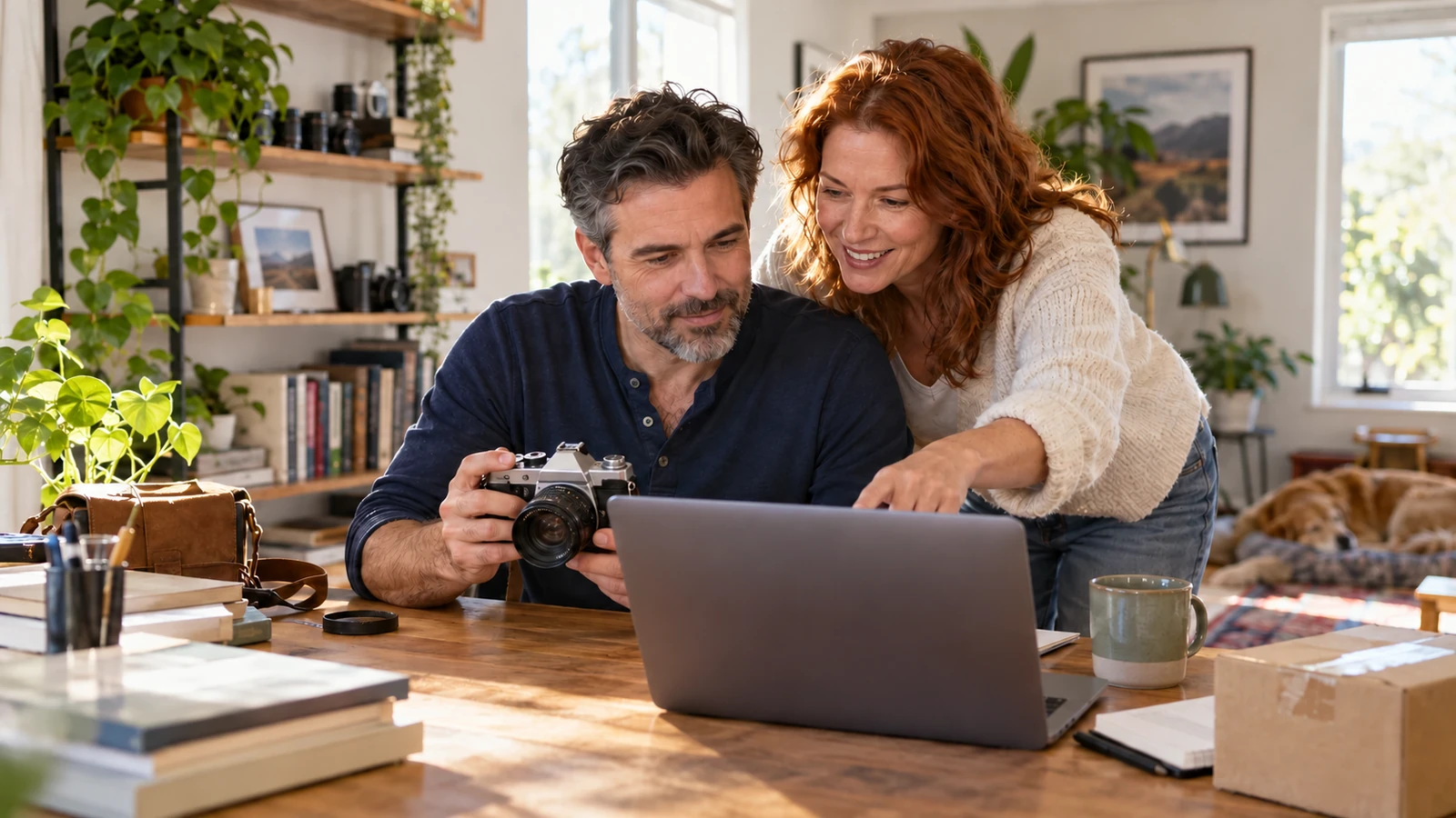 Man and his partner compare marketplace deals on a laptop, holding an old camera