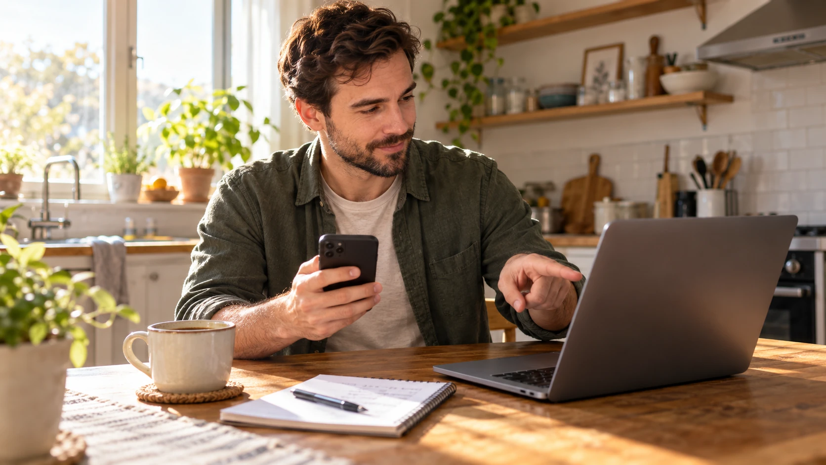 Homem na mesa da cozinha comparando uma compra no celular com anotações no notebook