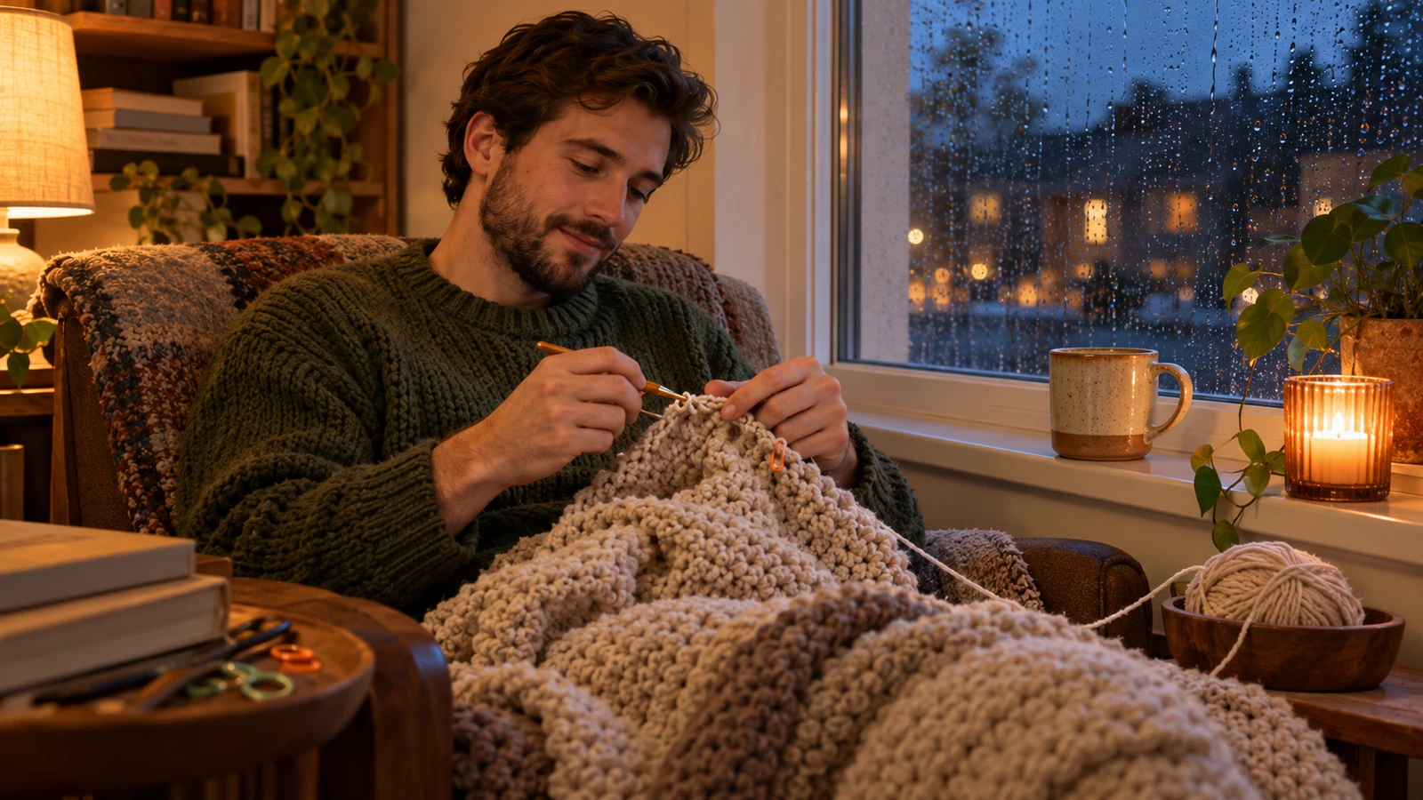 Man crochets a row of a soft blanket on his lap by a rainy window