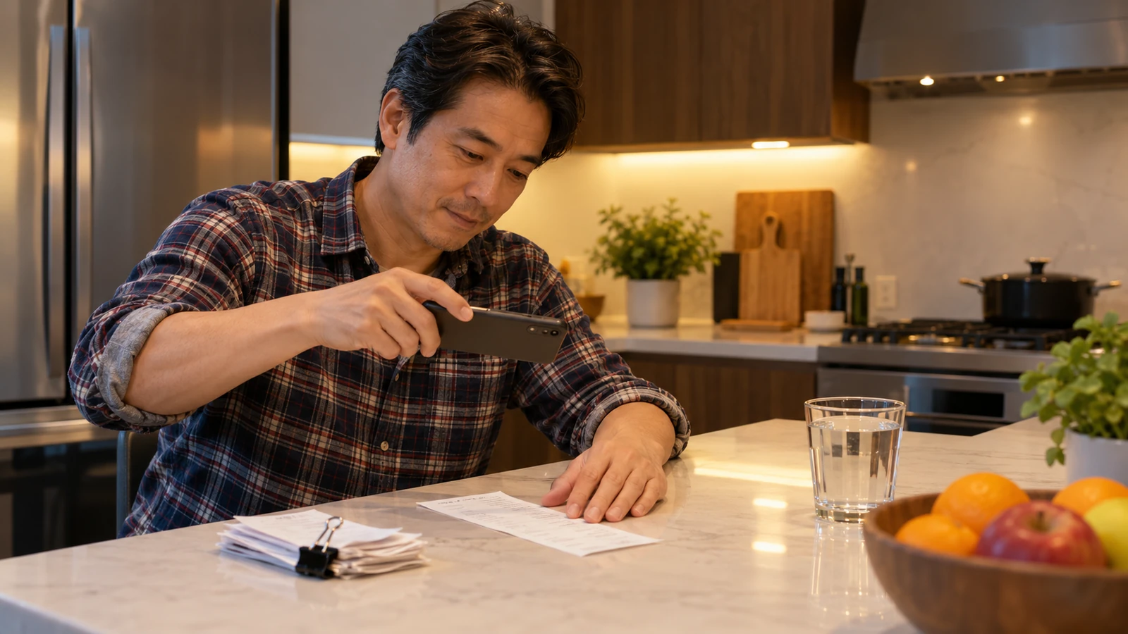 Man photographing paper receipts with his phone on a kitchen counter