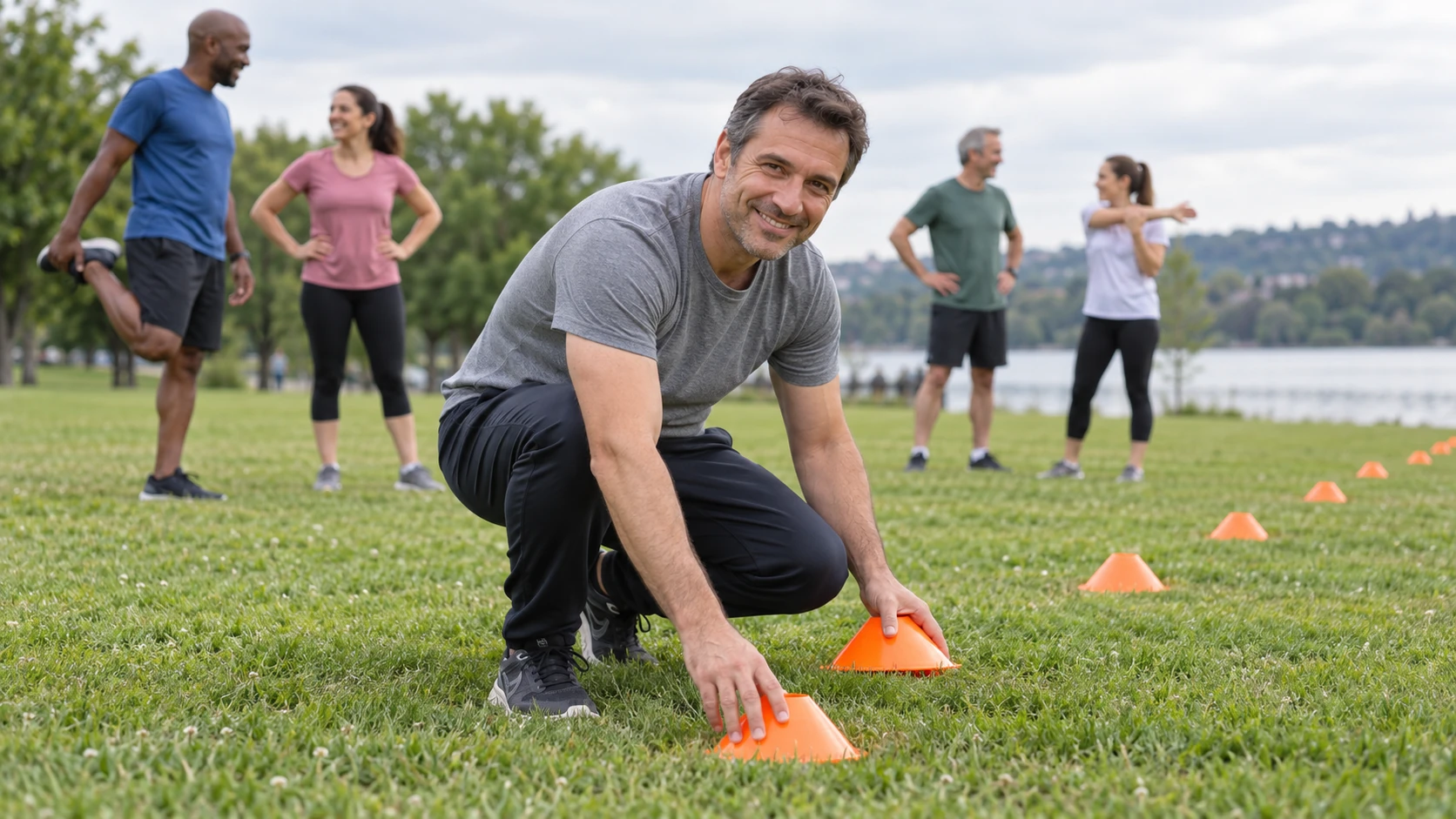 Man setting orange cones along the edge of a grassy park field while friends stretch and chat behind him