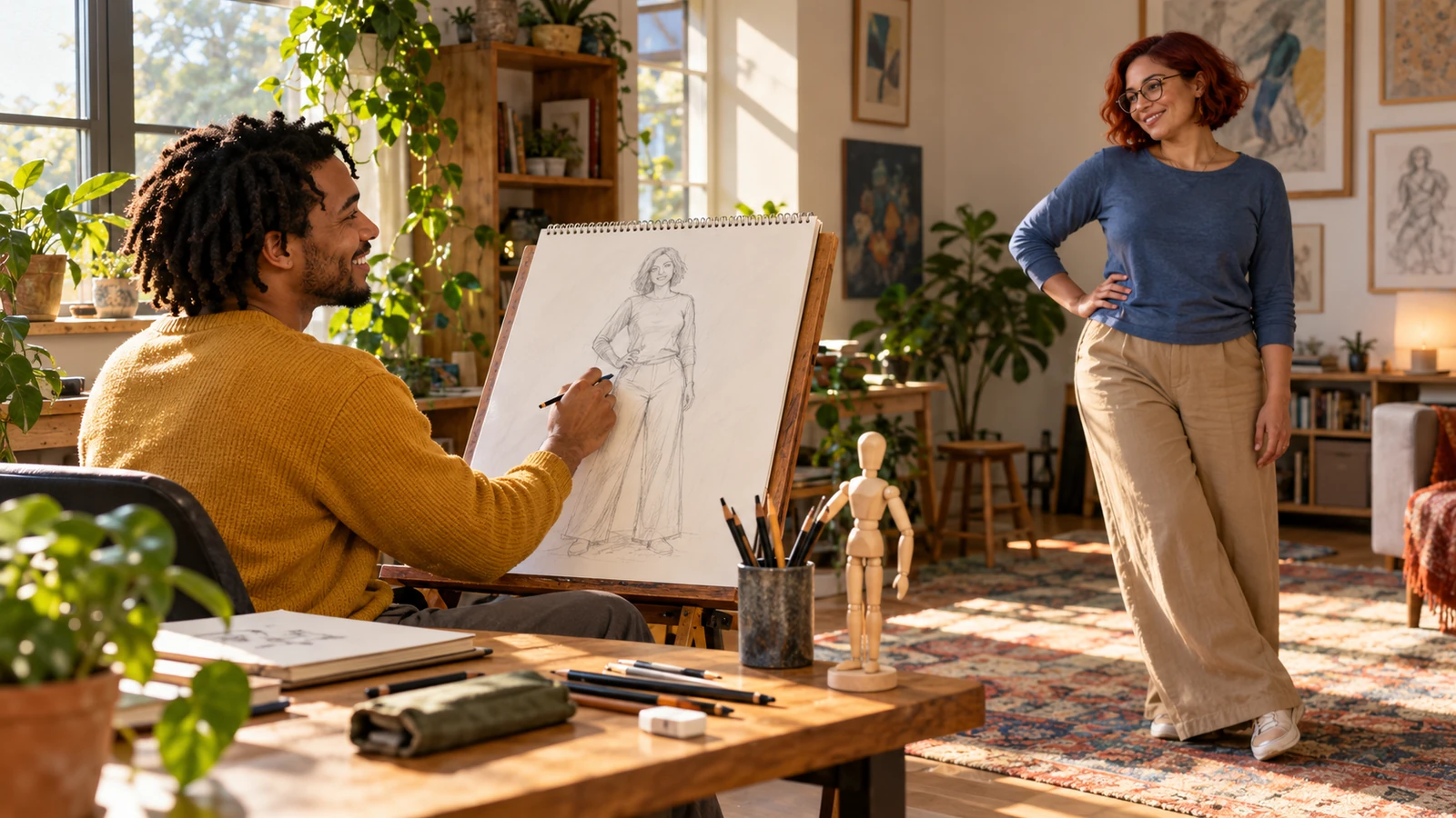 Man sketches tilted shoulder and hip lines while a friend poses on one leg