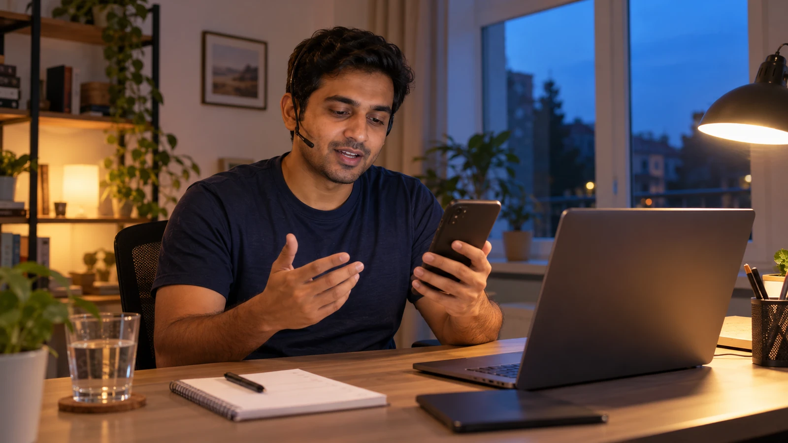 Hombre con auriculares narrando lo que piensa mientras prueba una app en su escritorio