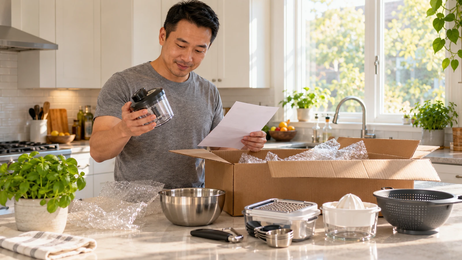 Man unpacking small kitchen items from a parcel and checking them against his list