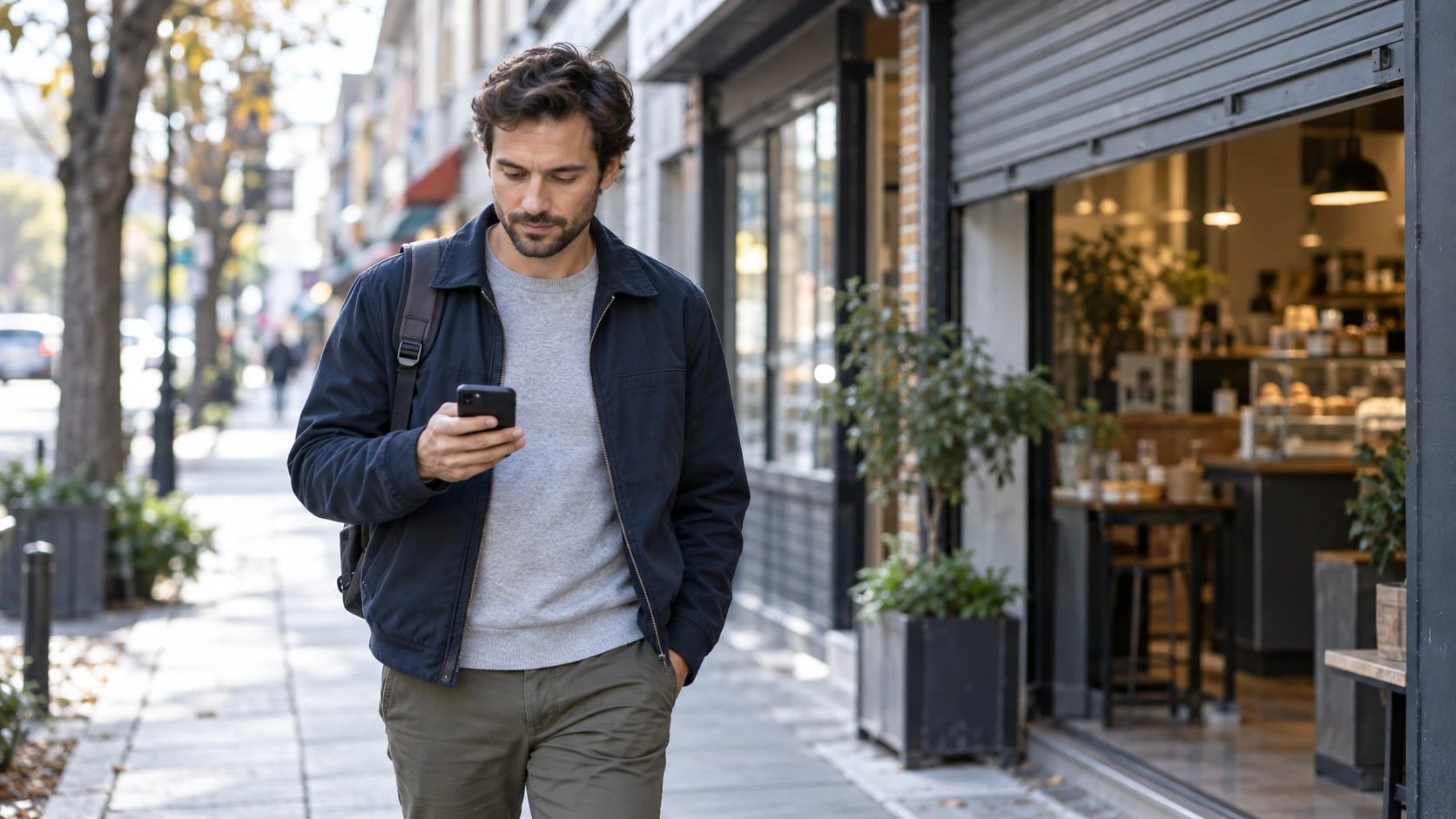 Man in his thirties walking along a city footpath in the early morning, glancing at the phone in his hand