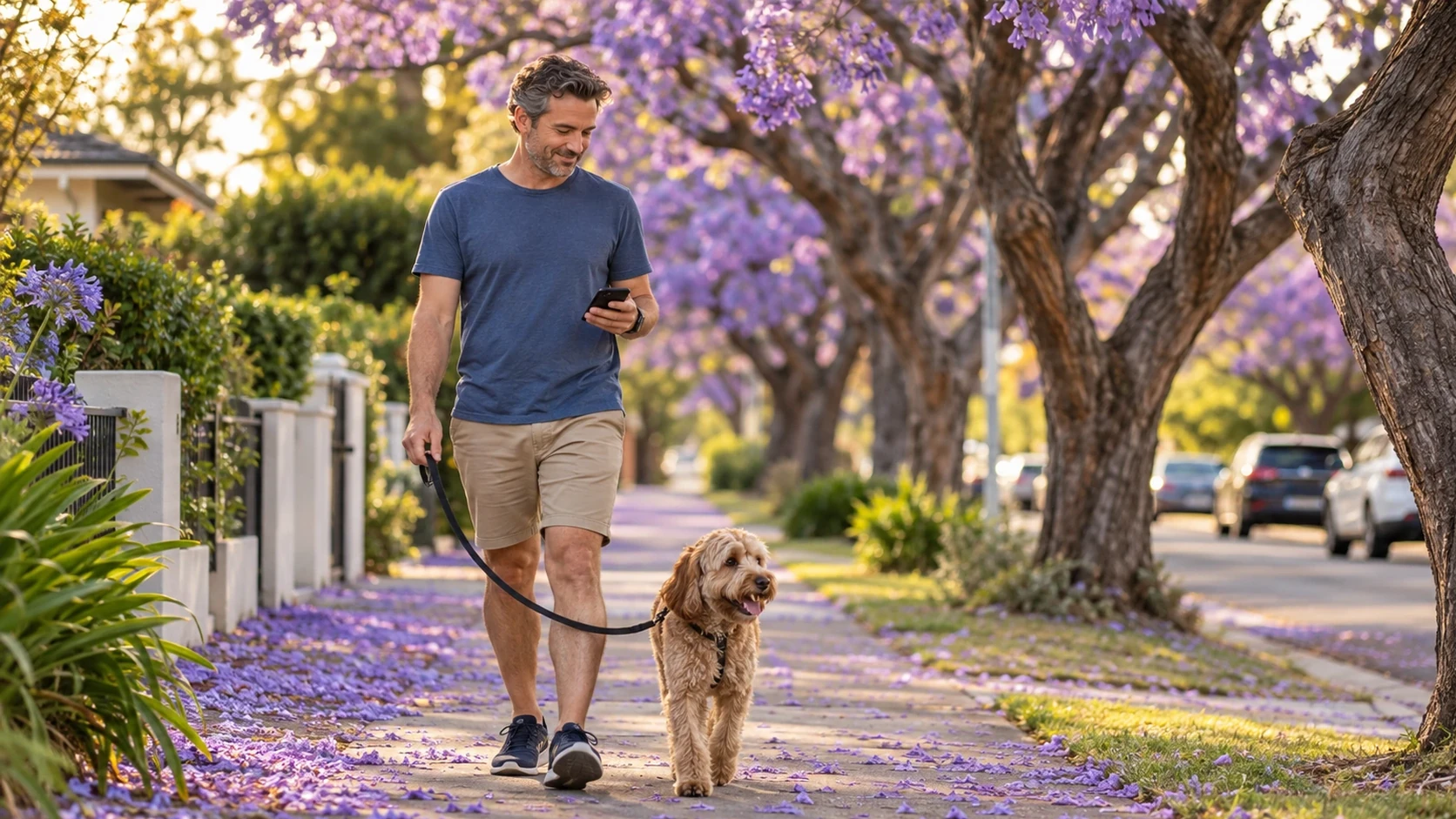Hombre de unos cuarenta años paseando a su perro por una calle residencial tranquila con árboles en flor, mirando el celular