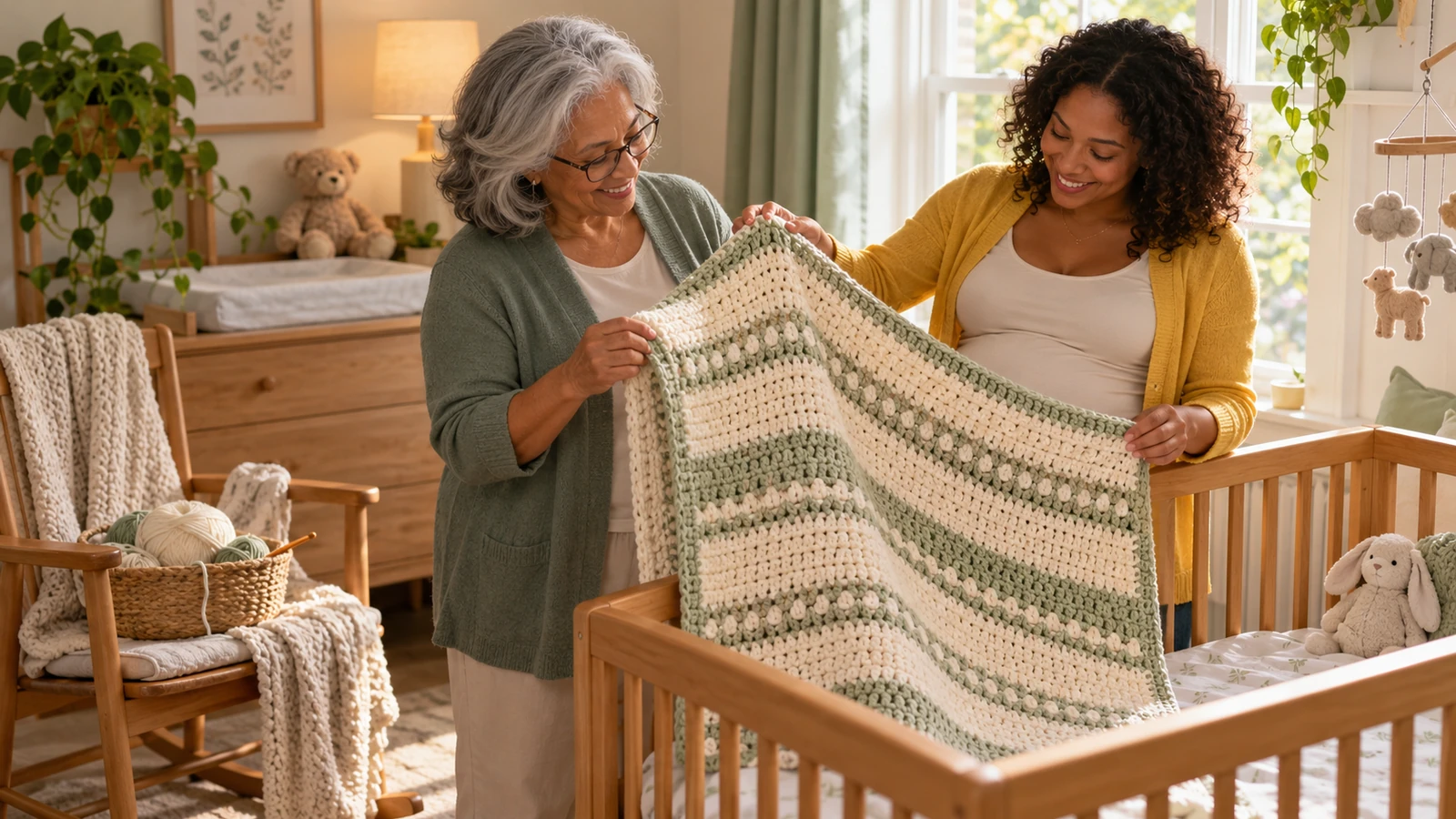 Mother and pregnant daughter hold up a finished crochet baby blanket over a crib