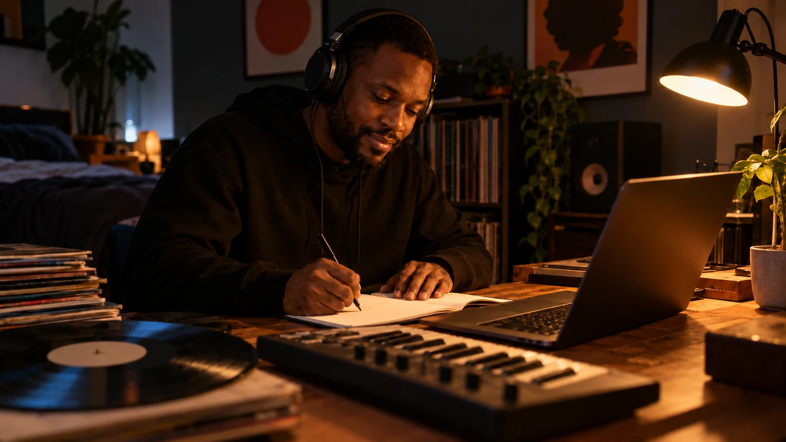 Homem com fones de estúdio digitando notas detalhadas sobre a música que avalia