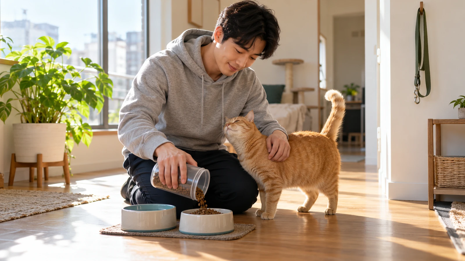 Pet sitter kneeling to feed a friendly orange cat in a quiet apartment