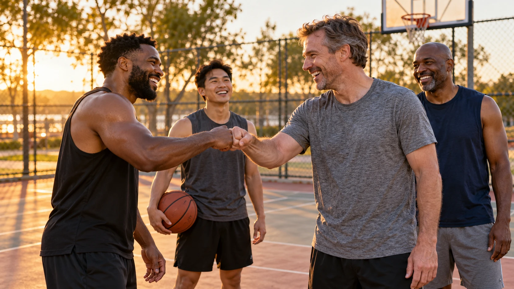 Jogadores de basquete de rua rindo e batendo os punhos numa quadra ao ar livre antes do primeiro jogo