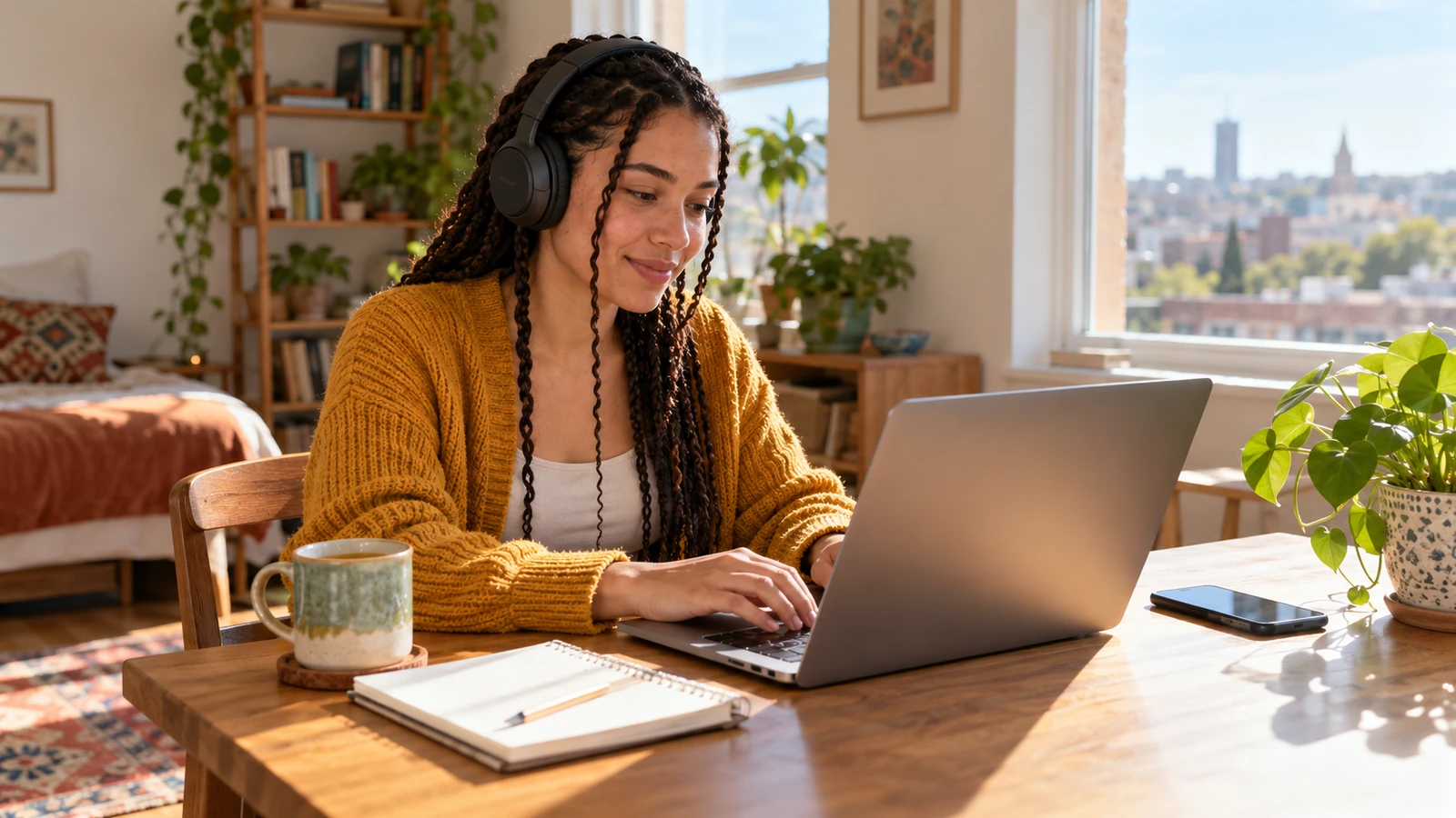 Mulher trabalhando no notebook com fones enquanto música de fundo toca no celular