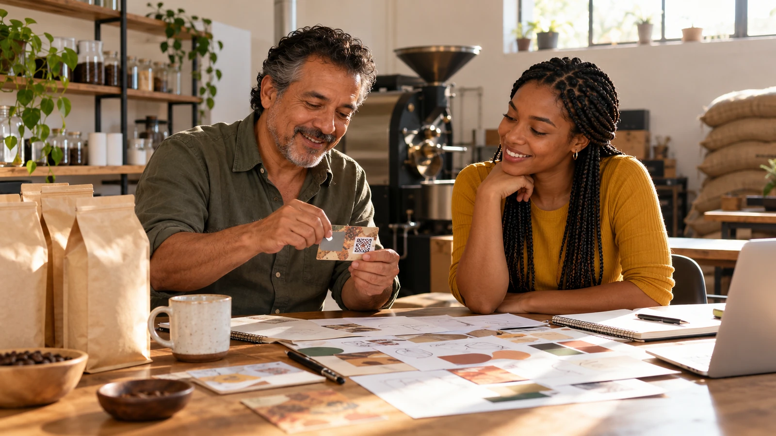 Coffee roaster and a marketer test a scan-to-play card next to coffee bags