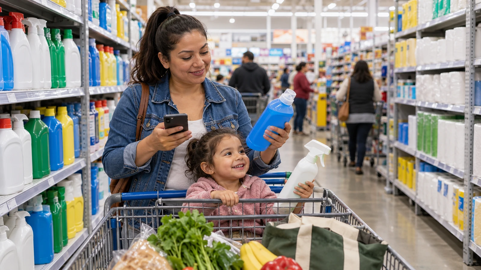 Mãe com criança no carrinho comparando produtos de limpeza no corredor da loja
