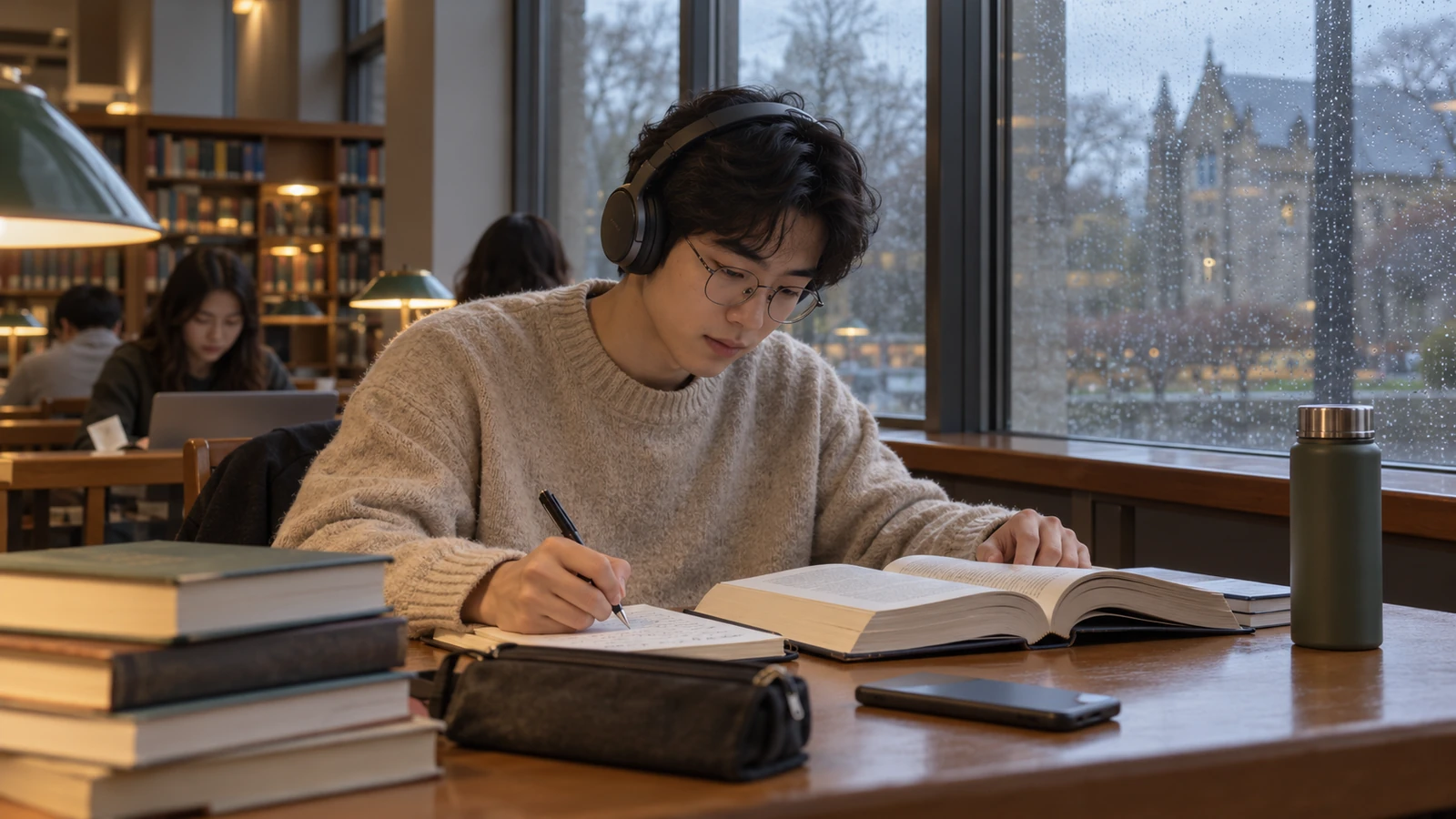 Estudante com fones lendo e fazendo anotações numa mesa da biblioteca