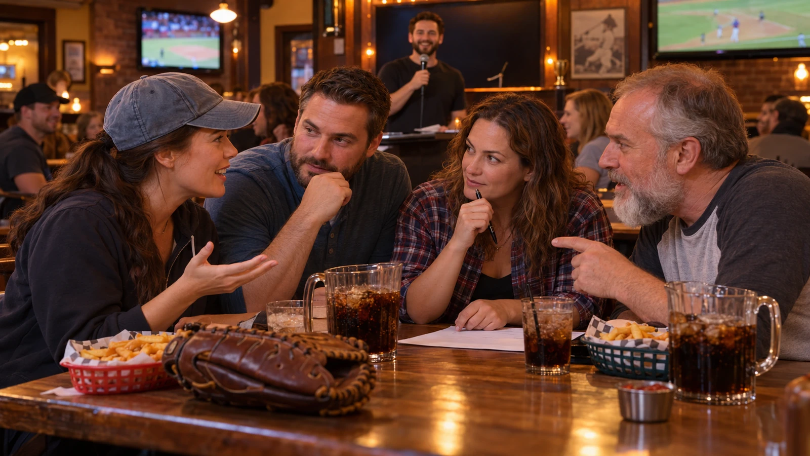 Time de amigos discutindo uma pergunta de beisebol num quiz em bar esportivo