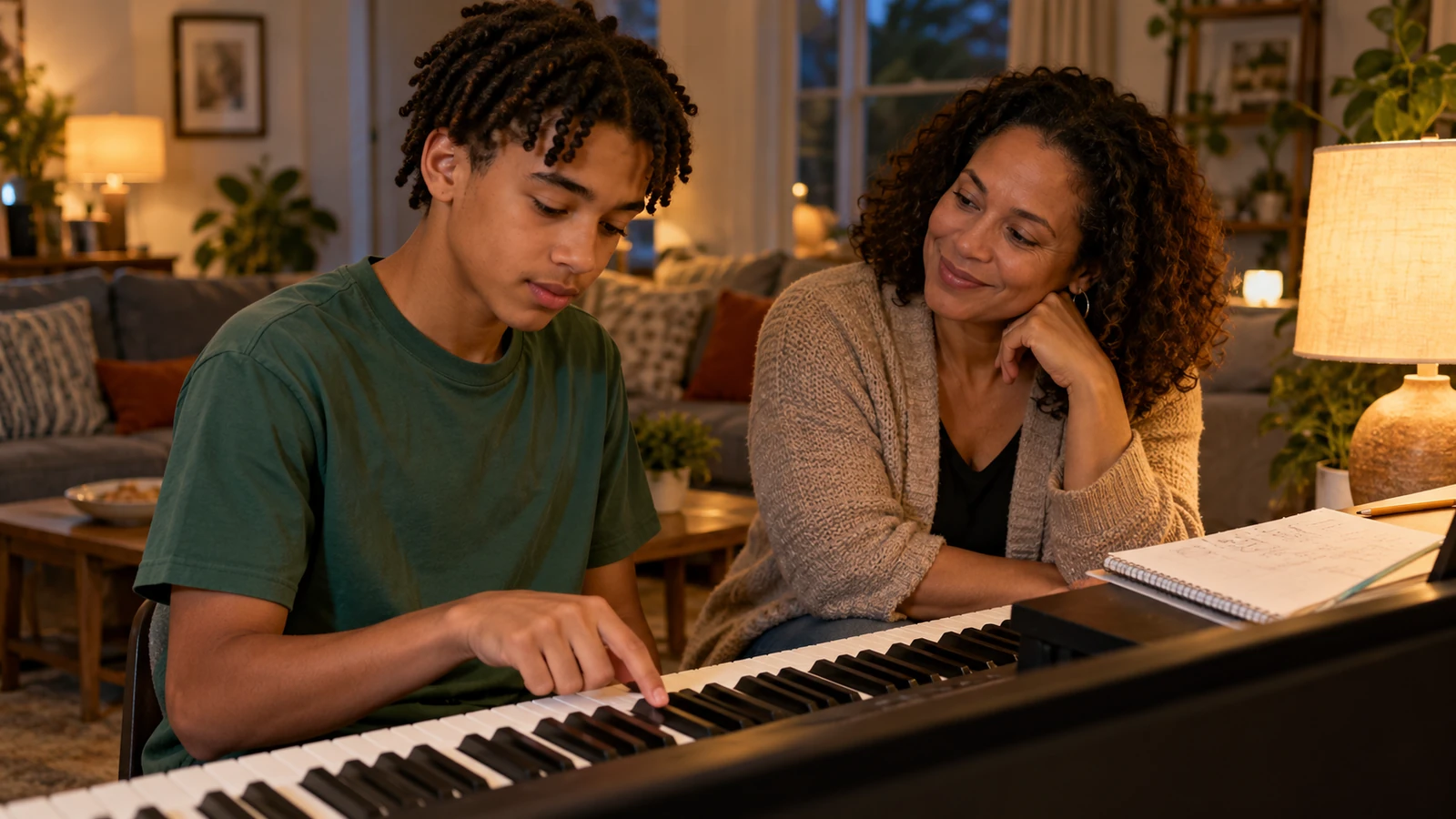Teenage boy pressing a black piano key as his mother listens beside him