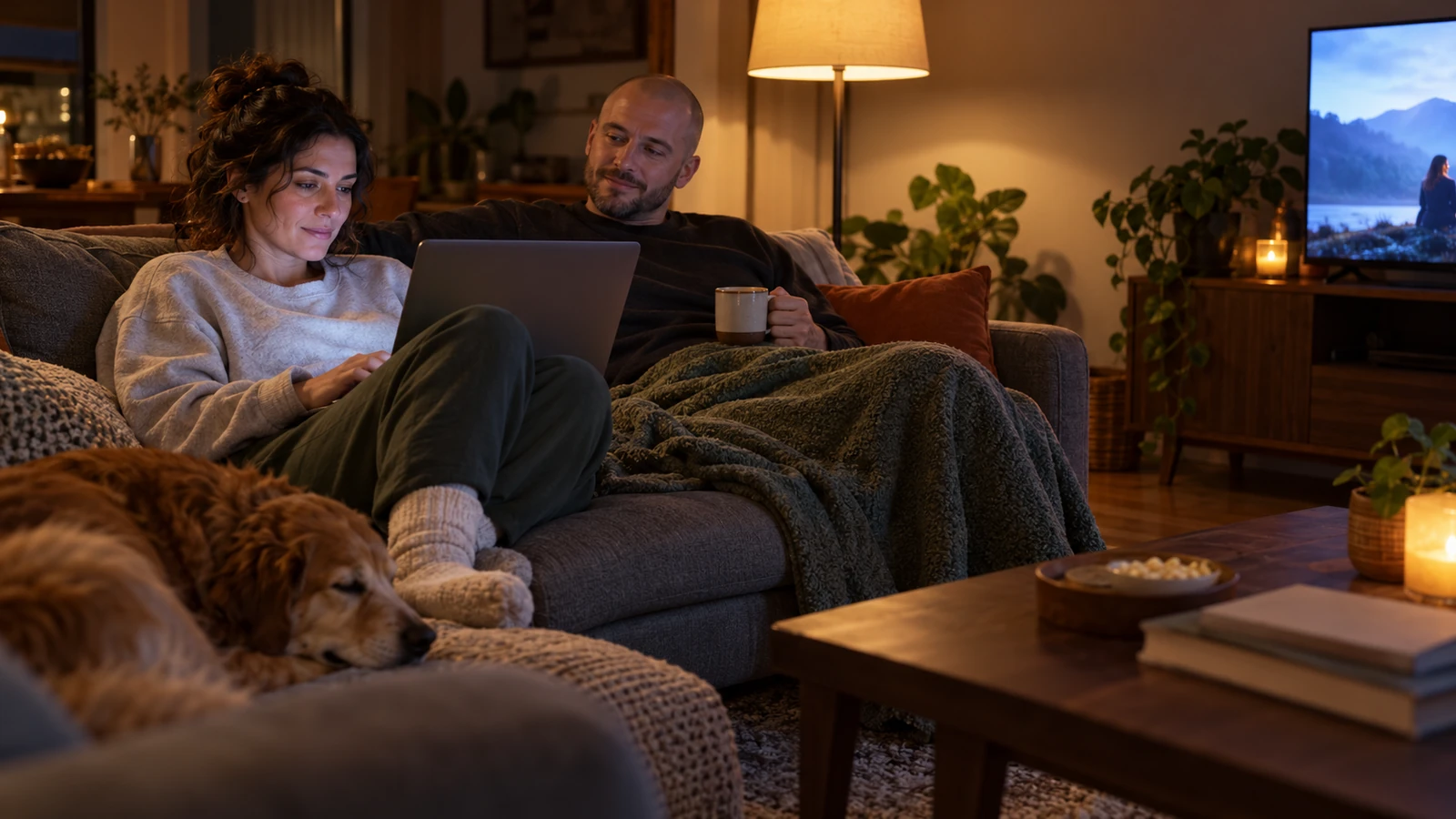 Tired woman answers short surveys on her laptop on the sofa in the evening