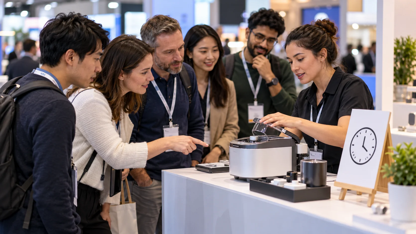 Visitors gathered at an open trade show booth watching a staff member run a live product demo