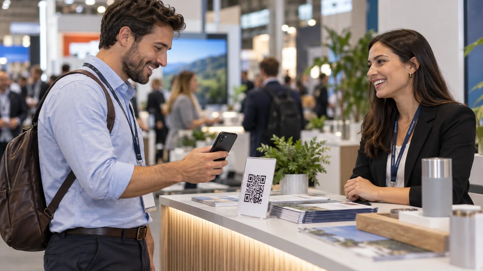 Trade show visitor scanning a QR code on a booth counter sign while talking with an exhibitor