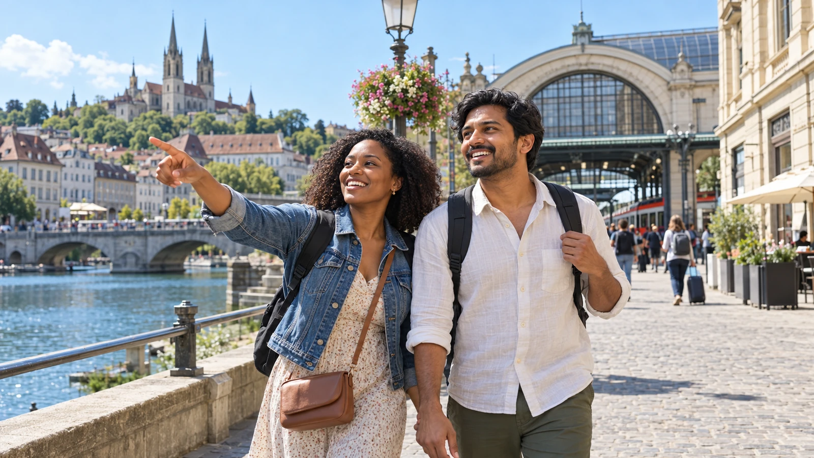 Couple with small daypacks explores a sunny city square during a long layover