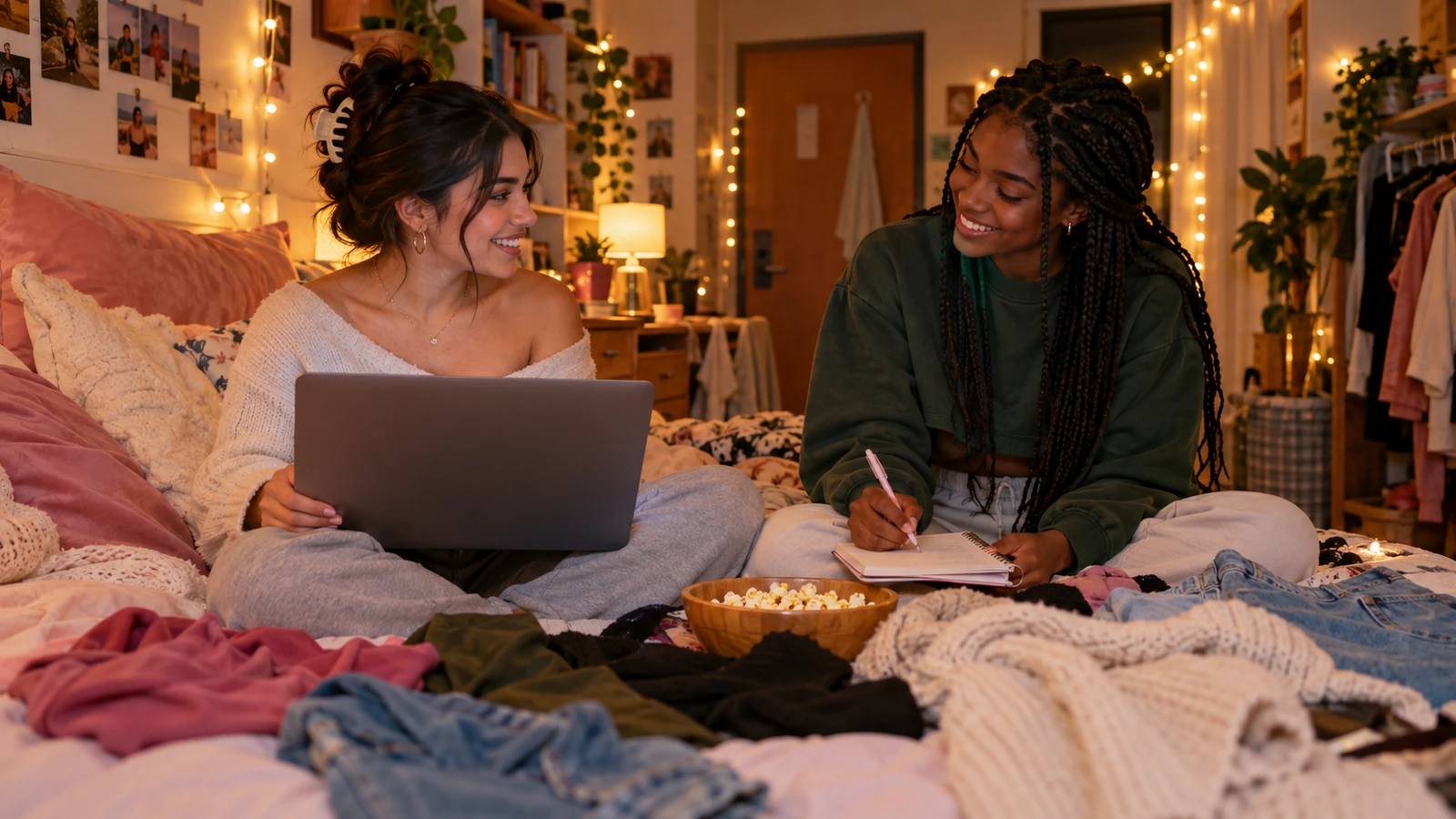 Duas amigas na cama do alojamento planejando um pedido de roupas com uma lista