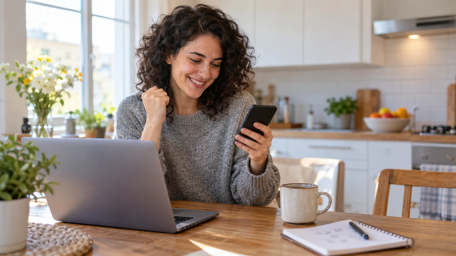 Woman smiling at a payout alert on her phone after a survey at her kitchen table