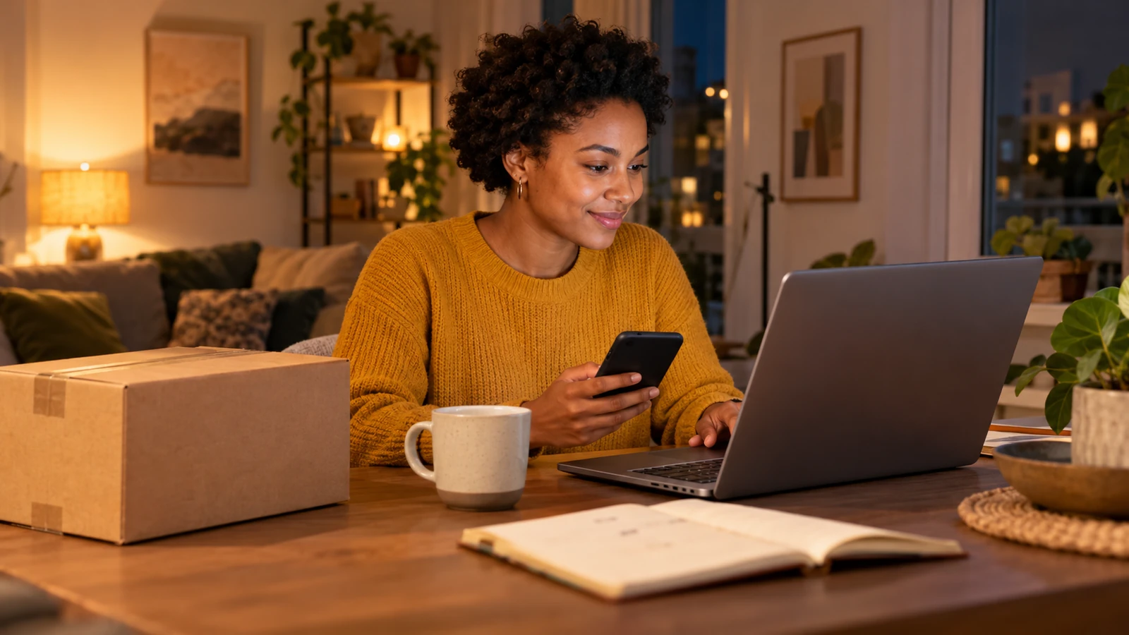 Woman enters a coupon code at online checkout on her laptop at home