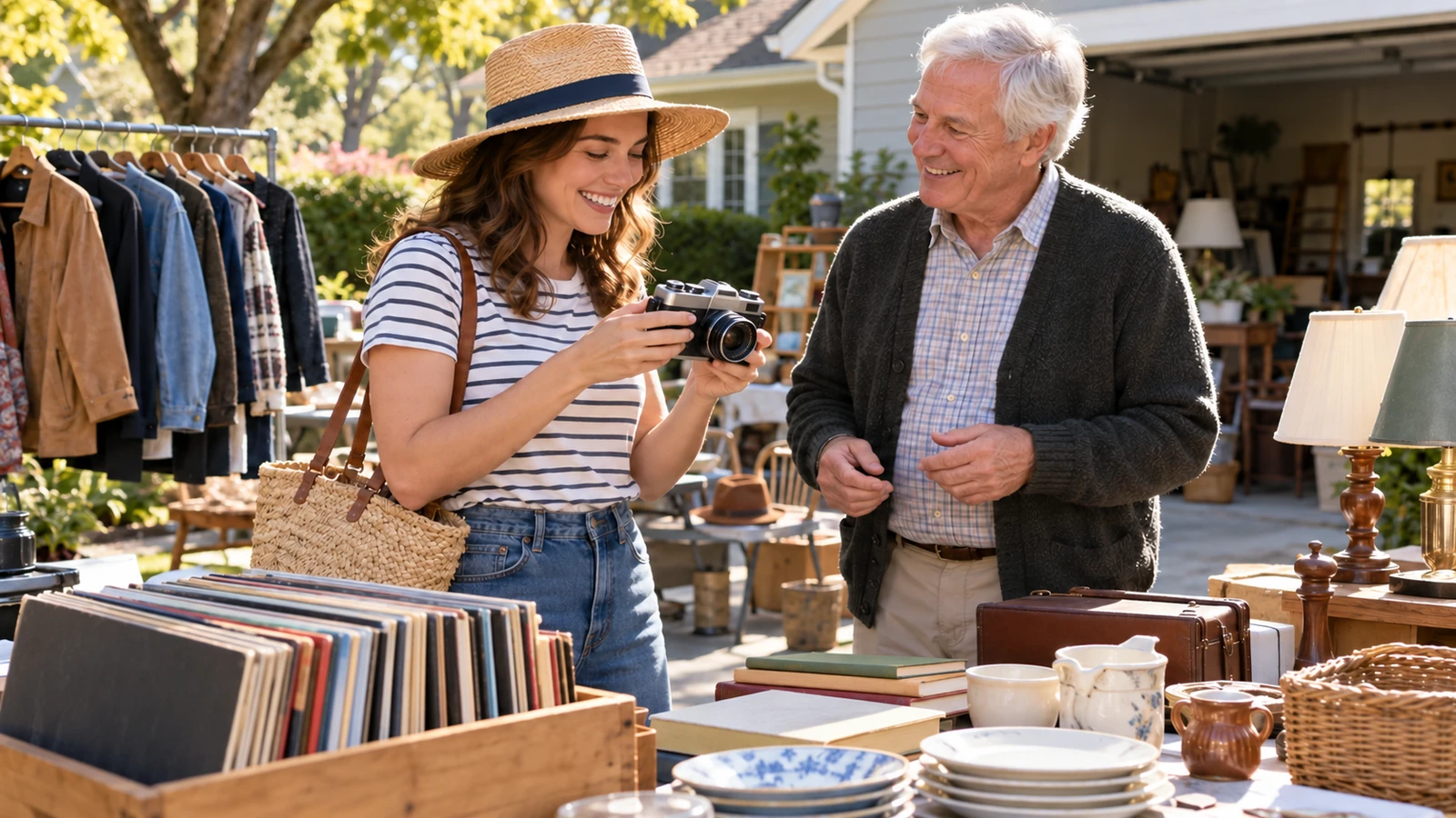 Woman picks out a vintage camera to resell at a Saturday morning garage sale