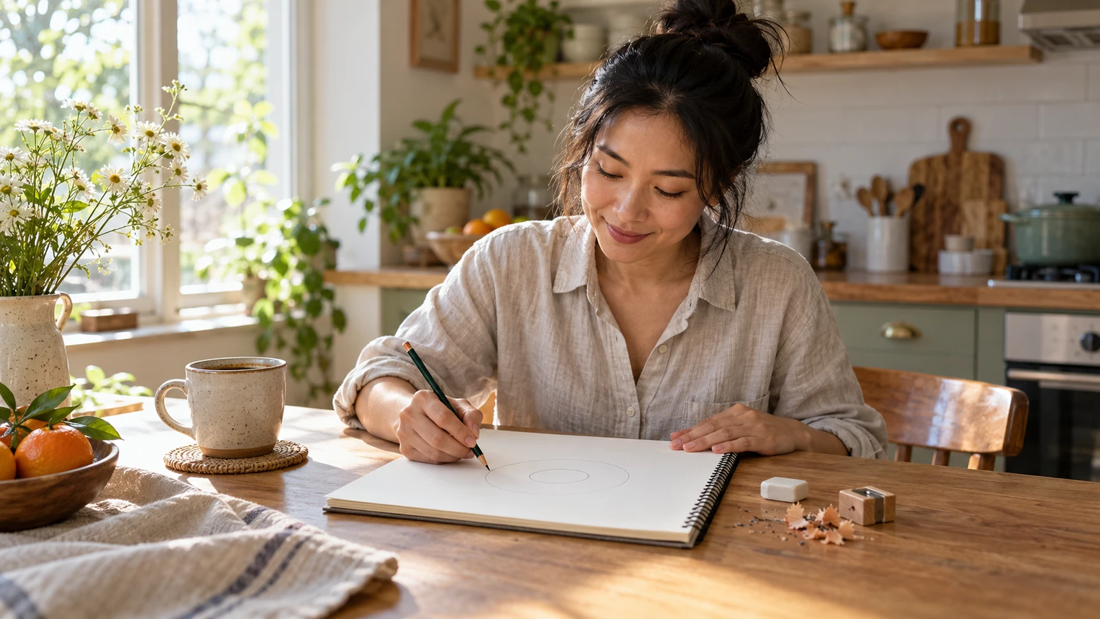 Woman drawing two light pencil circles in a sketchbook at her kitchen table