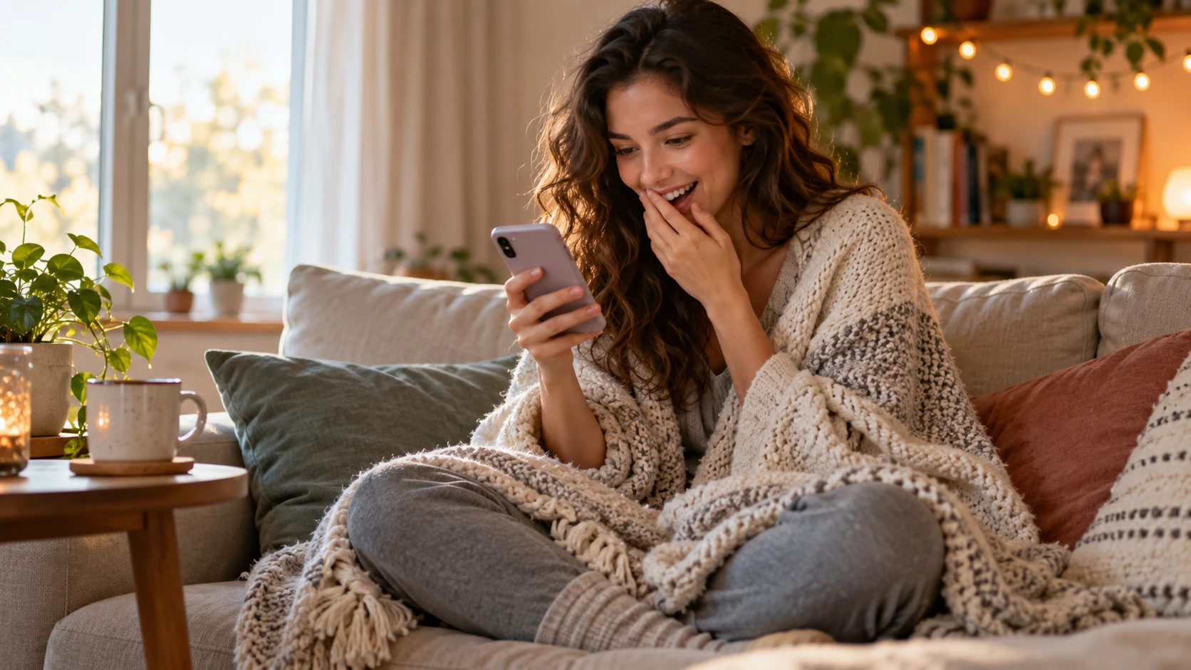 Jovem sorrindo para o celular no sofá depois de receber no privado o nome do seu amigo secreto