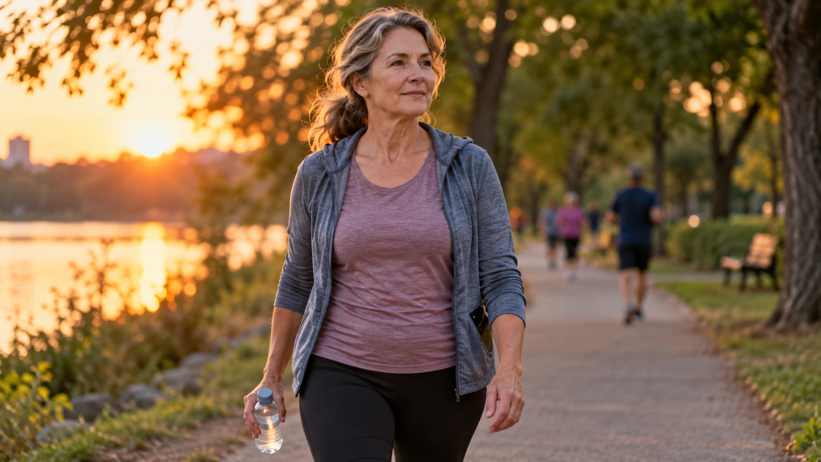 Woman in her fifties walking on a park track in the evening with a small water bottle, phone in her pocket
