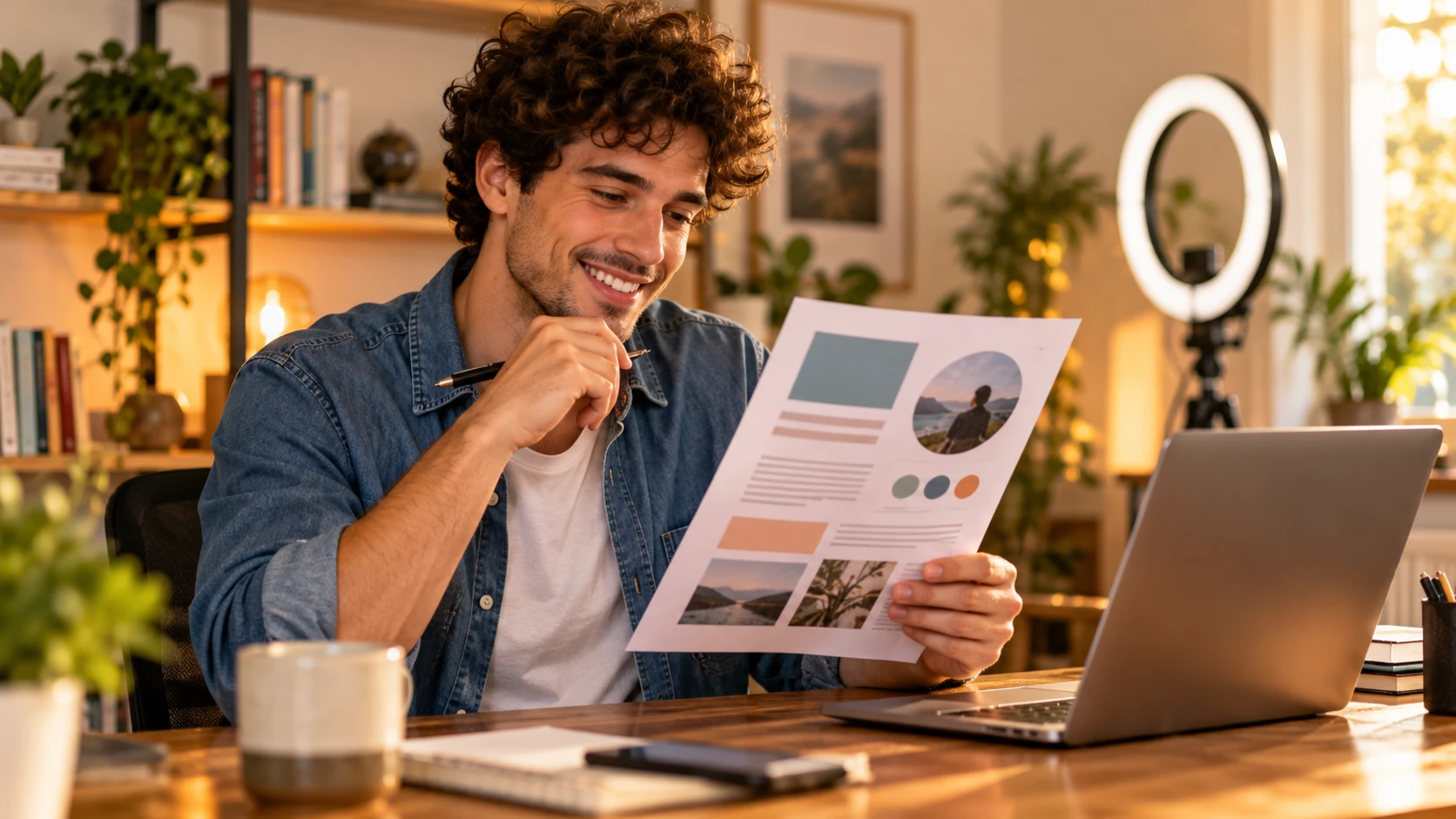 Young creator smiling while reviewing a printed one-page media kit at a desk next to a laptop