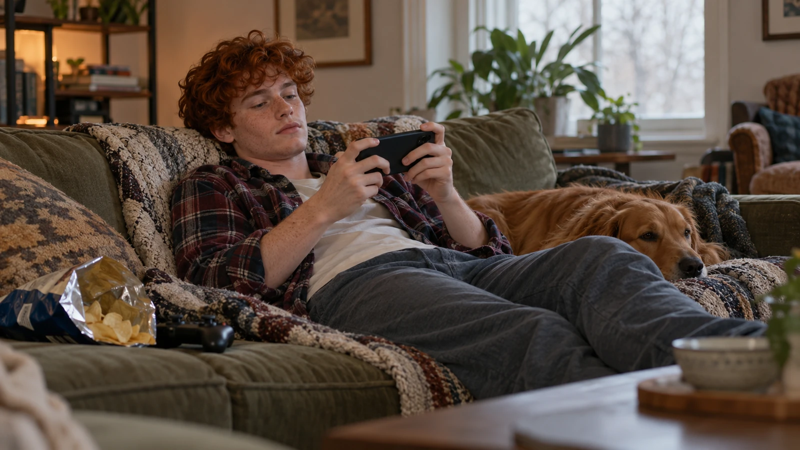 Young man on the couch looking bored while an ad plays inside his phone game